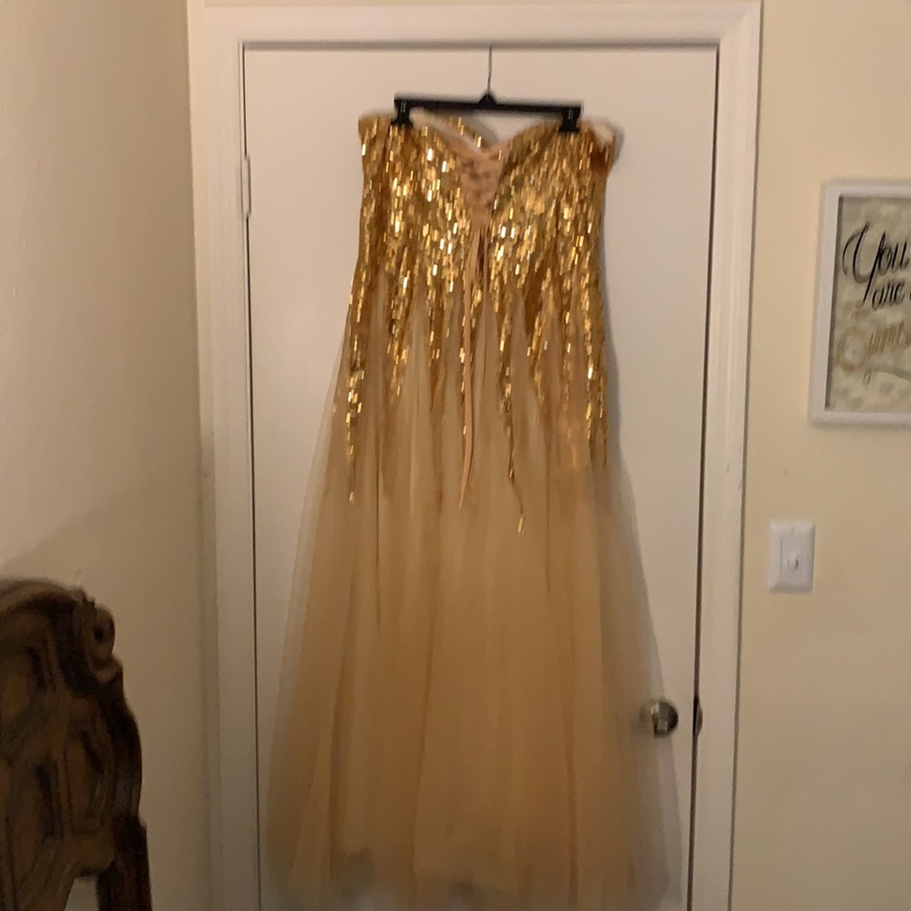 Gold Sequin Strapless Prom Dress - Picture 2 of 2